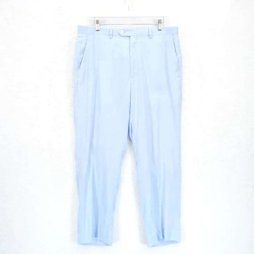 Lauren Ralph Lauren 100% Linen Baby Blue Flat Front Dress Pants Trousers 35 / 27